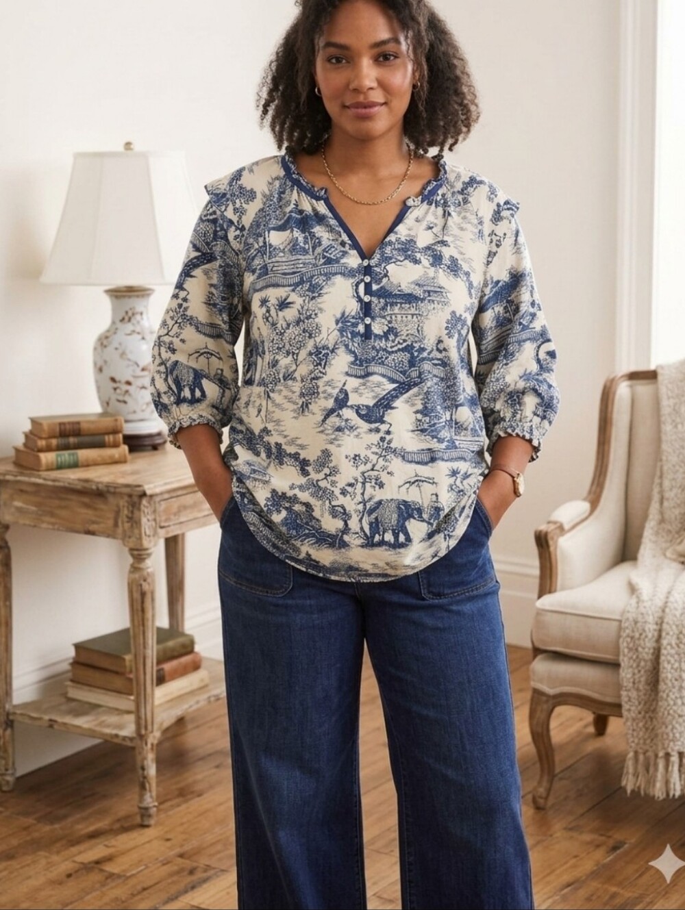 Suzanne Betro Blue & Cream Scenic Print Peasant Blouse Size 1X